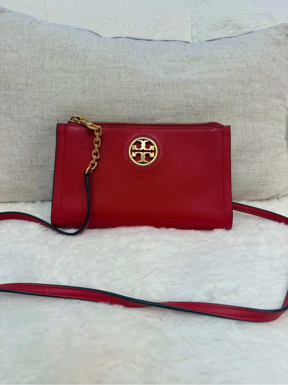 Tory Burch Red Pebbled Leather Crossbody with Gold Emblem